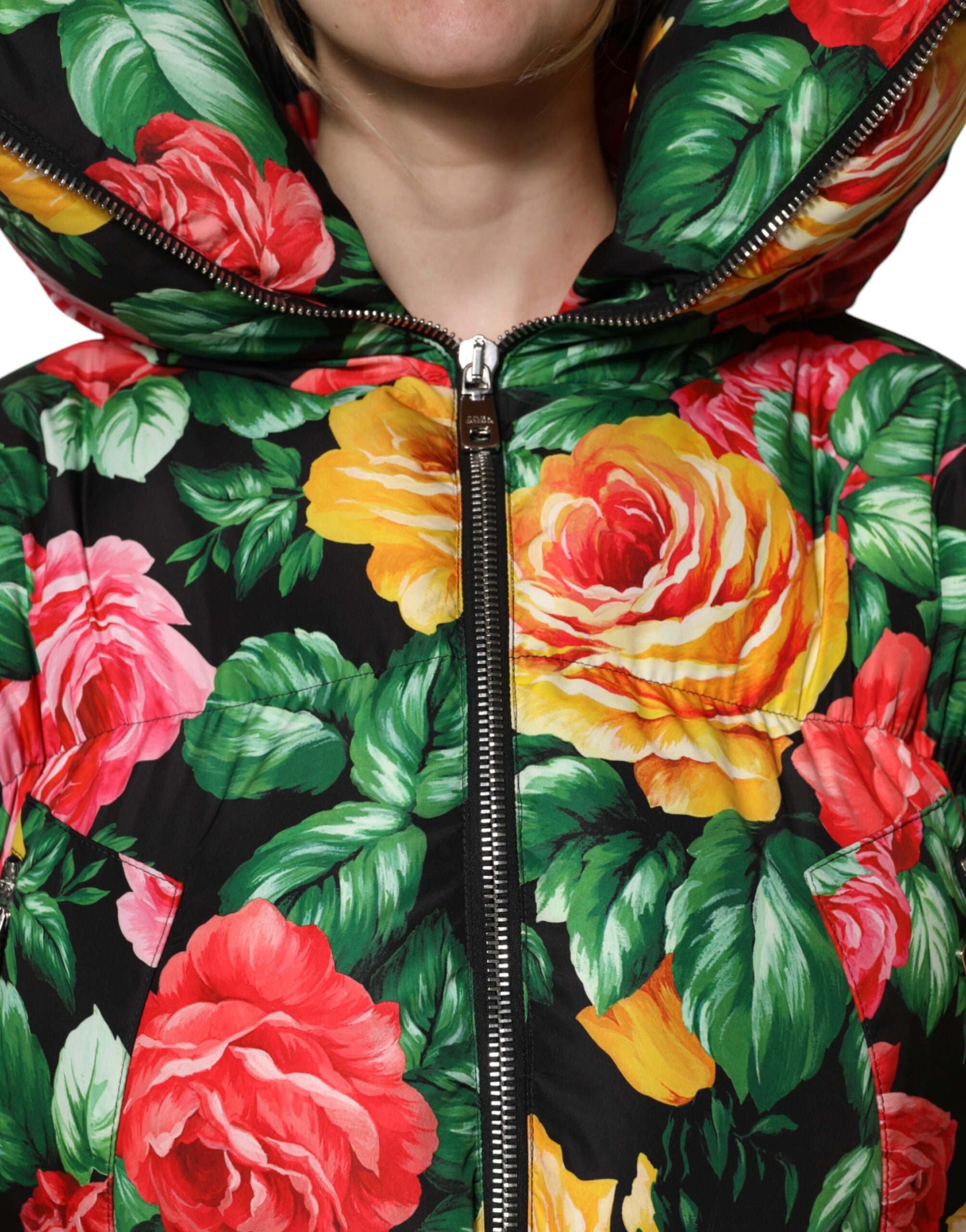 Dolce & Gabbana Multicolor Floral Pufferjacke mit Kapuze